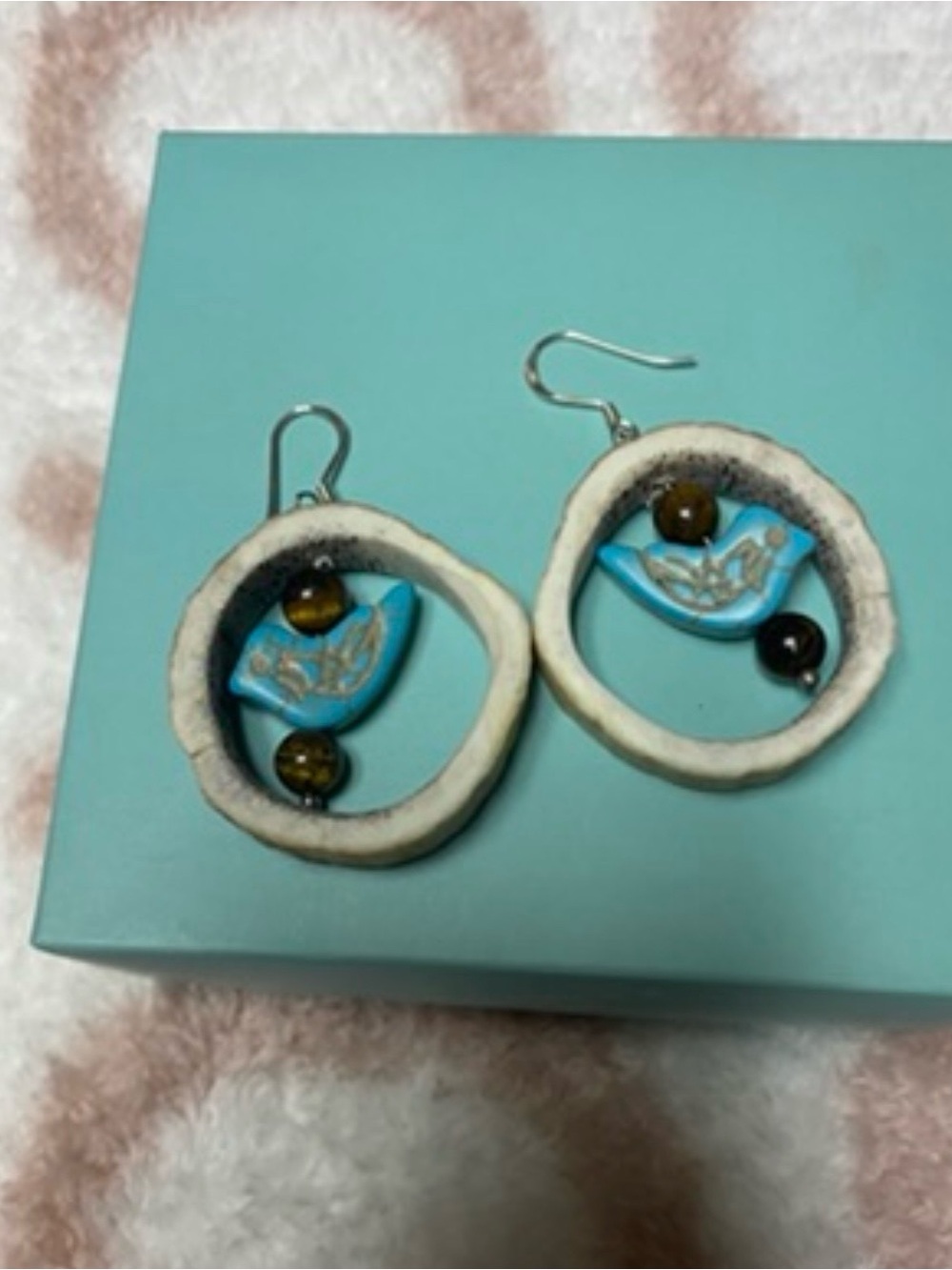 Handcrafted Antler Bone and Turquoise Blue Bird Hoop Earrings